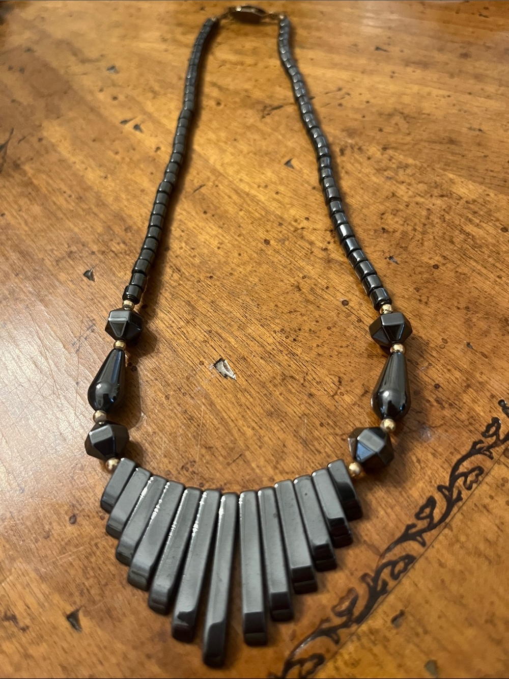 Vintage Art Deco Hematite Fan Necklace Gunmetal Statement Jewelry
